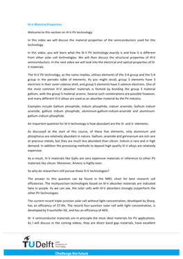 III-V Material Properties Welcome to This Section on III-V PV Technology. in This Video We Will Discuss the Material