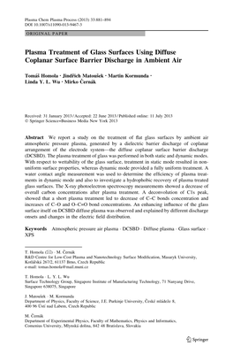 Plasma Treatment of Glass Surfaces Using Diffuse Coplanar Surface Barrier Discharge in Ambient Air