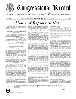 Congressional Record United States Th of America PROCEEDINGS and DEBATES of the 113 CONGRESS, FIRST SESSION