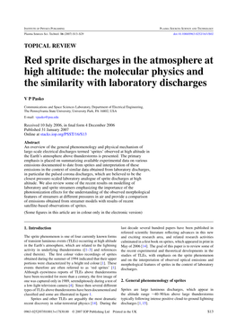 Red Sprite Discharges in the Atmosphere at High Altitude: the Molecular Physics and the Similarity with Laboratory Discharges