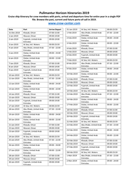 Pullmantur Horizon Itineraries 2019 Cruise Ship Itinerary for Crew Members with Ports, Arrival and Departure Time for Entire Year in a Single PDF File