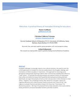 Meta‐Bias: a Practical Theory of Motivated Thinking for Educators Hunter Gehlbach Gehlbach@Ucsb.Edu