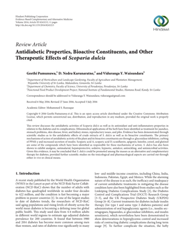 Antidiabetic Properties, Bioactive Constituents, and Other Therapeutic Effects of Scoparia Dulcis