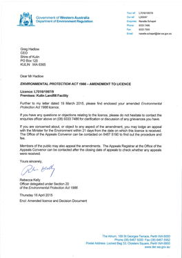Government of Western Australia Department of Environment Regulation Greg Hadlow CEO Shire of Kulin PO Box 125 KULIN WA 6365