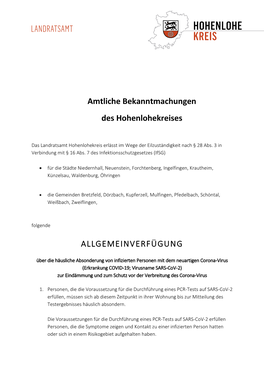 ALLGEMEINVERFÜGUNG Amtliche Bekanntmachungen Des Hohenlohekreises