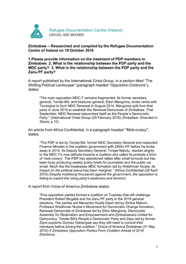 1 Zimbabwe – Researched and Compiled by the Refugee Documentation Centre of Ireland on 19 October 2016 1.Please Provide Inform