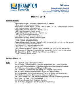 Committee of Council Minutes for May 15, 2013