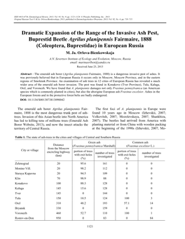 Dramatic Expansion of the Range of the Invasive Ash Pest, Buprestid Beetle Agrilus Planipennis Fairmaire, 1888 (Coleoptera, Buprestidae) in European Russia M