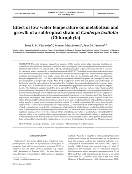 Effect of Low Water Temperature on Metabolism and Growth of a Subtropical Strain of Caulerpa Taxifolia (Chlorophyta)