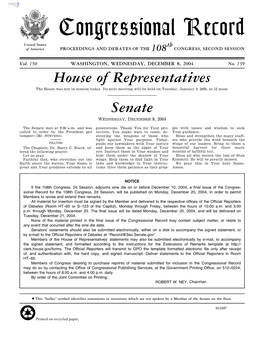 Congressional Record United States Th of America PROCEEDINGS and DEBATES of the 108 CONGRESS, SECOND SESSION