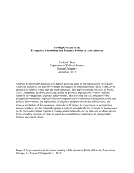 Serving God and Man: Evangelical Christianity and Electoral Politics in Latin America Taylor C. Boas Department of Political