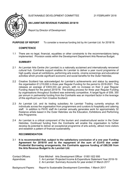 PURPOSE of REPORT to Consider a Revenue Funding Bid by an Lanntair Ltd