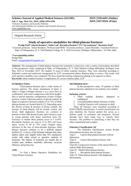 Study of Operative Modalities for Tibial Plateau Fractures