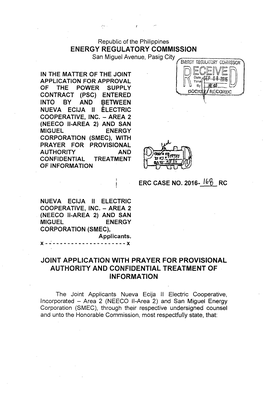 ECEIIVE Fl Date APPLICATION for APPROVAL —U-A—Gs J of the POWER SUPPLY by ILXC L CONTRACT (PSC) ENTERED INTO by and BETWEEN NUEVA ECIJA II ELECTRIC COOPERATIVE, INC