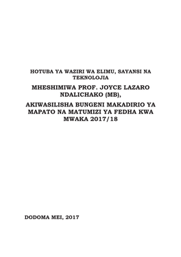 Hotuba Ya Bajeti Ya Elimu Mwaka 2017/18