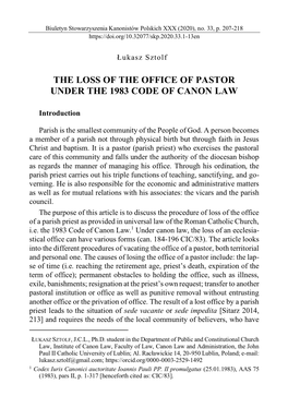 The Loss of the Office of Pastor Under the 1983 Code of Canon Law
