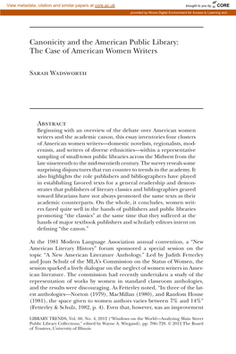 Canonicity and the American Public Library: the Case of American Women Writers