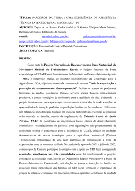 UMA EXPERIÊNCIA DE ASSISTÊNCIA TÉCNICA EXTENSÃO RURAL EM CUMARU – PE AUTORES: Taysa