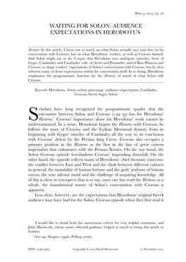 Waiting for Solon: Audience Expectations in Herodotus ∗