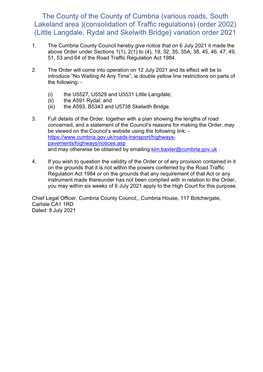 Little Langdale Rydal and Skelwith Bridge Traffic Regulation Order