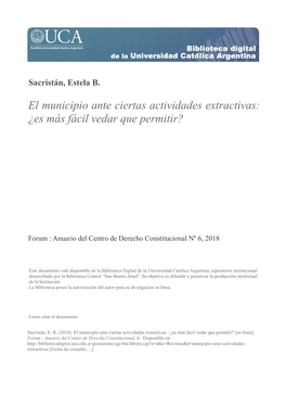 El Municipio Ante Ciertas Actividades Extractivas: ¿Es Más Fácil Vedar Que Permitir?