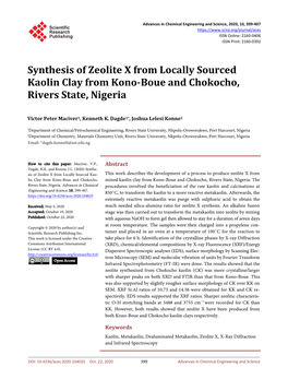 Synthesis of Zeolite X from Locally Sourced Kaolin Clay from Kono-Boue and Chokocho, Rivers State, Nigeria