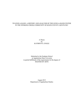 A History and Analysis of the Lend-A-Hand Center in the Stinking Creek Community of Knox County, Kentucky