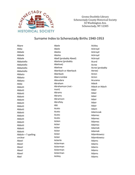 Surname Index to Schenectady Births 1940-1953