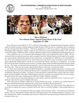 Steve Gleason New Orleans Saints “Special Teams Player of the Year” September 25, 2006