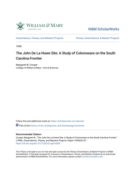 The John De La Howe Site: a Study of Colonoware on the South Carolina Frontier