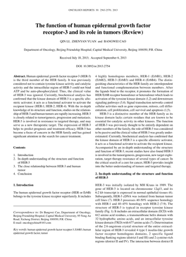 The Function of Human Epidermal Growth Factor Receptor-3 and Its Role in Tumors (Review)