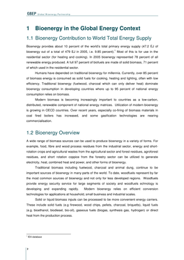 1 Bioenergy in the Global Energy Context 1.1 Bioenergy Contribution to World Total Energy Supply