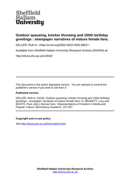 Outdoor Queueing, Knicker Throwing and 100Th Birthday Greetings : Newspaper Narratives of Mature Female Fans. DELLER, Ruth A