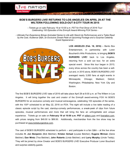 Bob's Burgers Live! Returns to Los Angeles on April 29 at the Wiltern