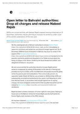 Open Letter to Bahraini Authorities: Drop All Charges and Release Nabeel Rajab - IFEX 18/12/2018 12:42