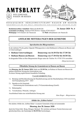 24. Januar 2020 Nr. 4 Gemeindeverwaltung: Telefon 07393 953516 Telefax 07393 953517 Homepage: E–Mail: Info@Hausen–Am–Bussen.De