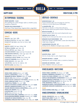 Bulla Tampa Happy Hour Beverage Menu