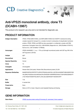 Anti-VPS25 Monoclonal Antibody, Clone T3 (DCABH-13967) This Product Is for Research Use Only and Is Not Intended for Diagnostic Use
