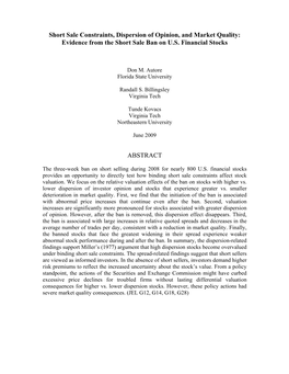 Evidence from the Short Sale Ban on US Financial Stocks