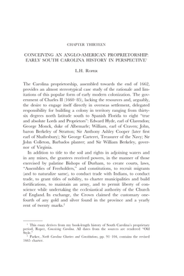 Conceiving an Anglo-American Proprietorship: Early South Carolina History in Perspective1