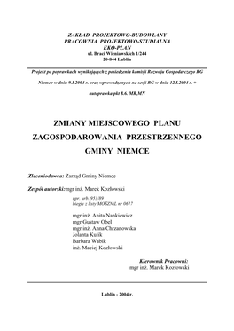 Zmiany Miejscowego Planu Zagospodarowania Przestrzennego Gminy Niemce