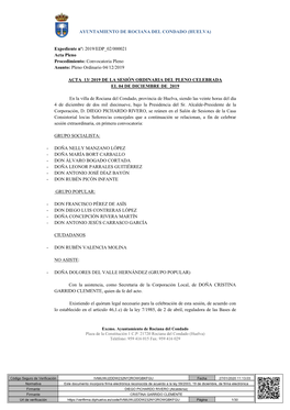 AYUNTAMIENTO DE ROCIANA DEL CONDADO (HUELVA) Expediente Nº: 2019/EDP 02/000021 Acta Pleno Procedimiento: Convocatoria Pleno