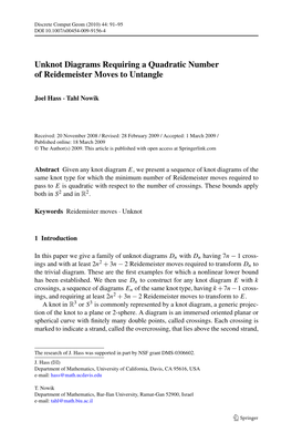 Unknot Diagrams Requiring a Quadratic Number of Reidemeister Moves to Untangle