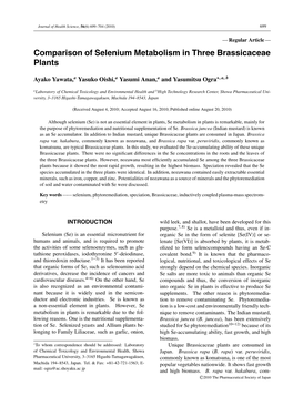Comparison of Selenium Metabolism in Three Brassicaceae Plants