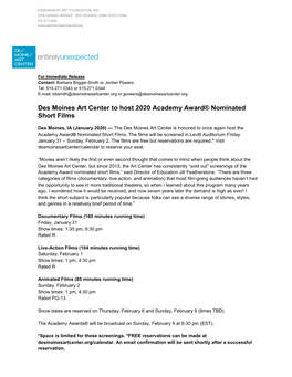 Des Moines Art Center to Host 2020 Academy Award® Nominated Short Films