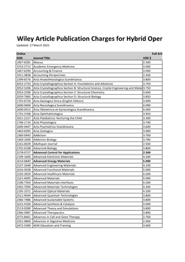 Wiley Article Publication Charges for Hybrid Open Updated: 17 March 2021