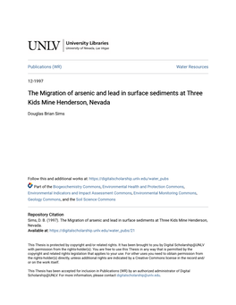 The Migration of Arsenic and Lead in Surface Sediments at Three Kids Mine Henderson, Nevada