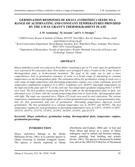 Germination Responses of Khaya Anthotheca Seeds to a Range of Alternating and Constant Temperatures Provided by the 2-Way Grant’S Thermogradient Plate