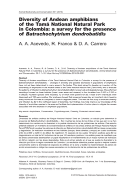 Diversity of Andean Amphibians of the Tamá National Natural Park in Colombia: a Survey for the Presence of Batrachochytrium Dendrobatidis