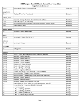 2019 Pompano Beach Children in the Arts Piano Competition Repertoire by Composer Elem I Masterworks Classics, Levels 1-2 (Any) Collection